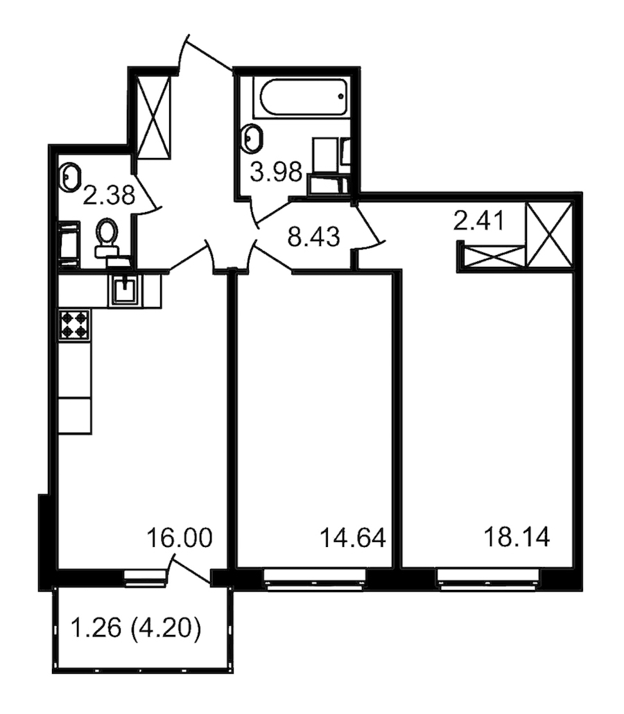 2-комнатная квартира 65.98 м², 11/11 эт., ЖК «Чёрная речка»